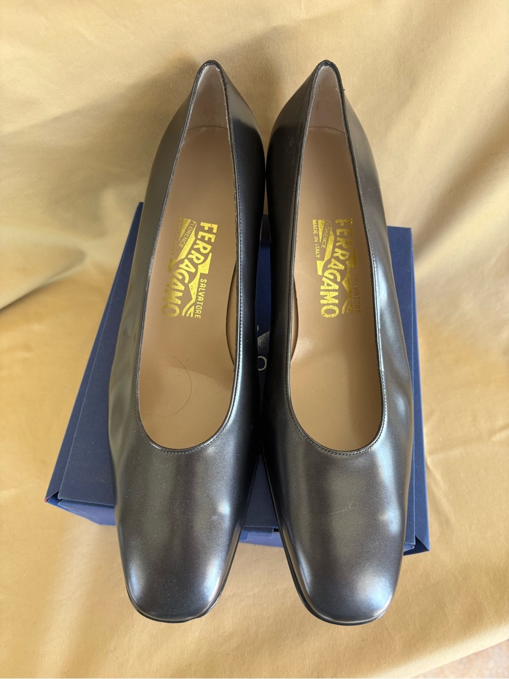 Salvatore Ferragamo Black Leather Square-Toe Pumps